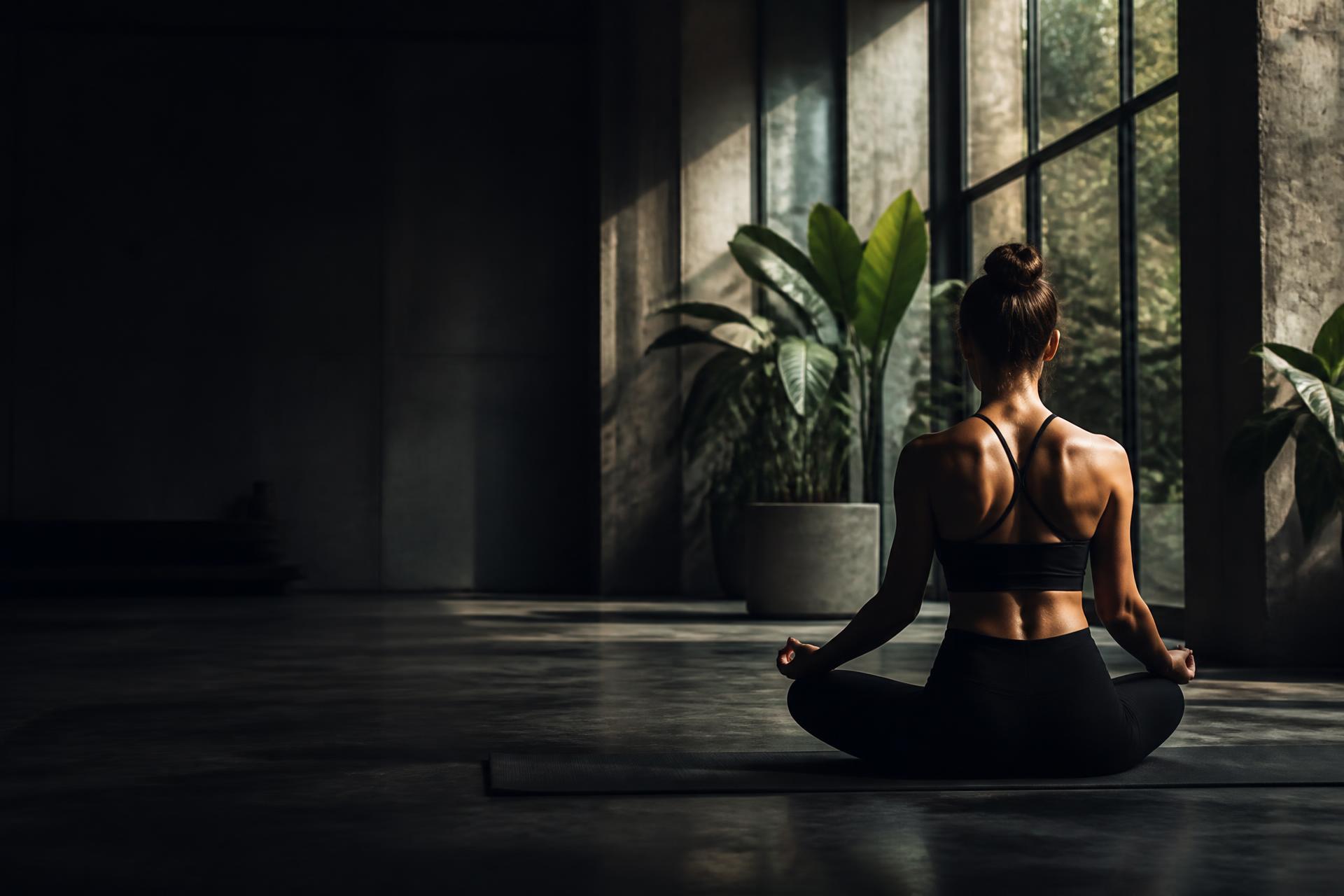 A yogi seated in meditation in a sunlit concrete studio